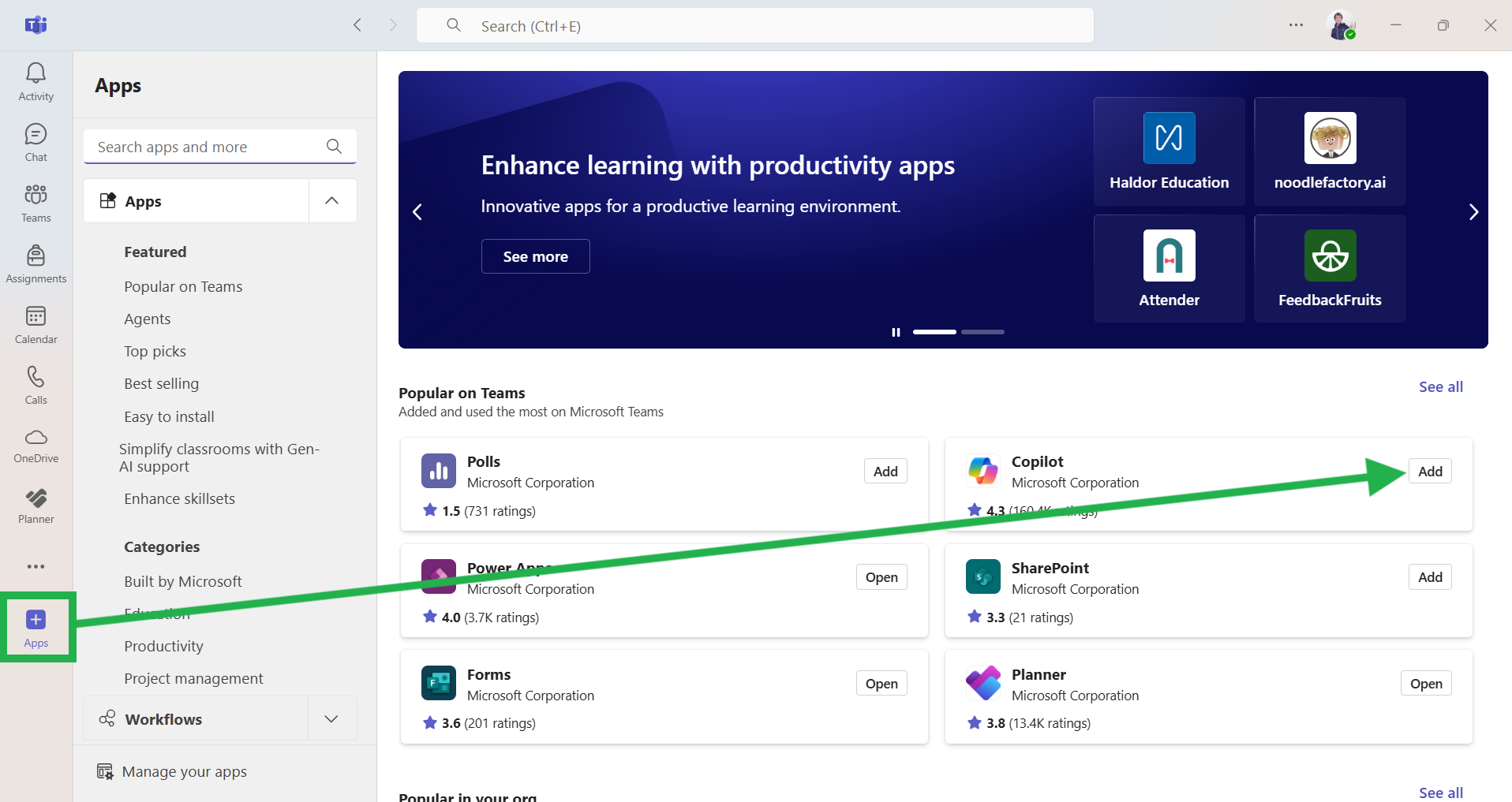 A view of Microsoft teams Apps area