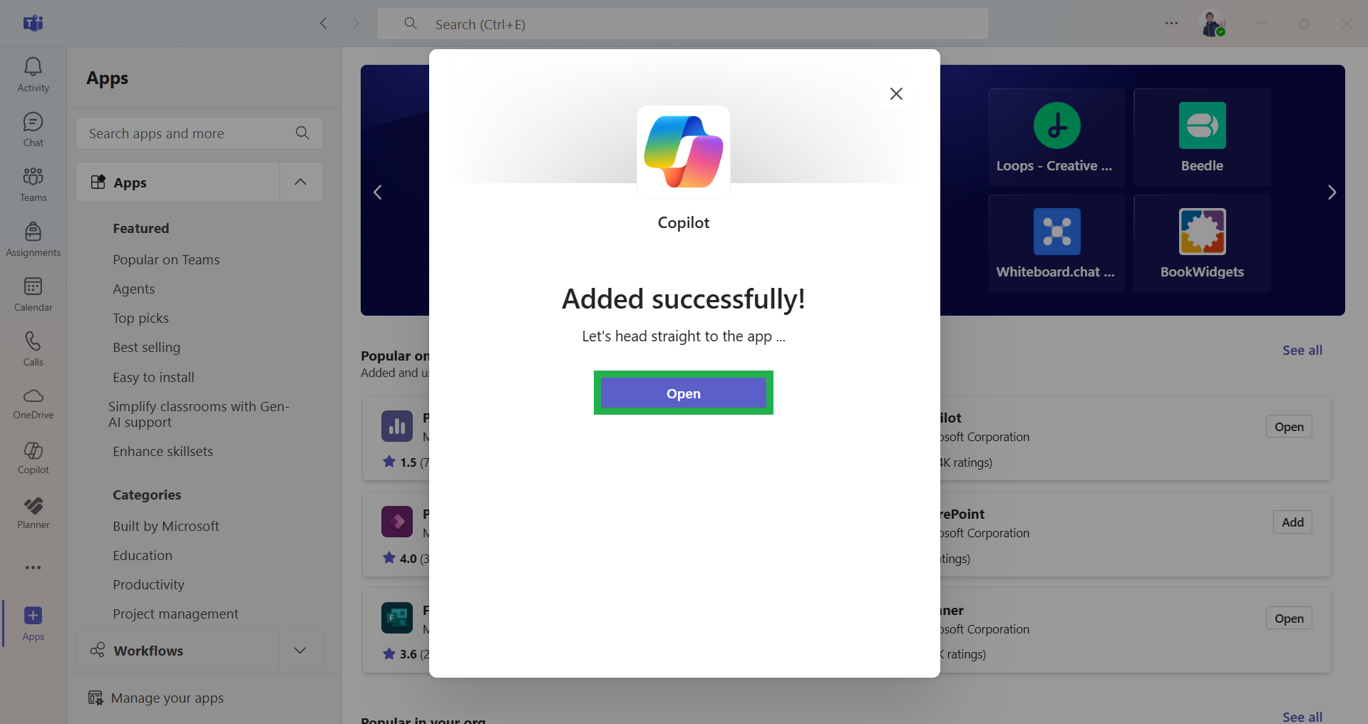 Copilot added successfully message